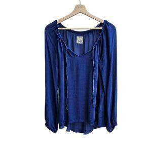 Go By GoSilk Blue Silk Long Sleeve Blouse With Drawstring Neckline, Size Medium